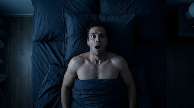Shirtless man waking up startled in bed at night