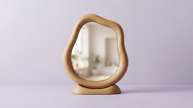 Minimalist wooden-framed mirror with reflective surface on neutral background