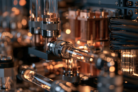 Detailed Macro Photograph of a Liquid Cooling System with Transparent Tubing for AI Accelerator Servers