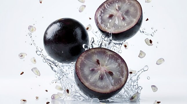 Fresh Black Grape Jaboticaba Sliced Splashing Water White Background