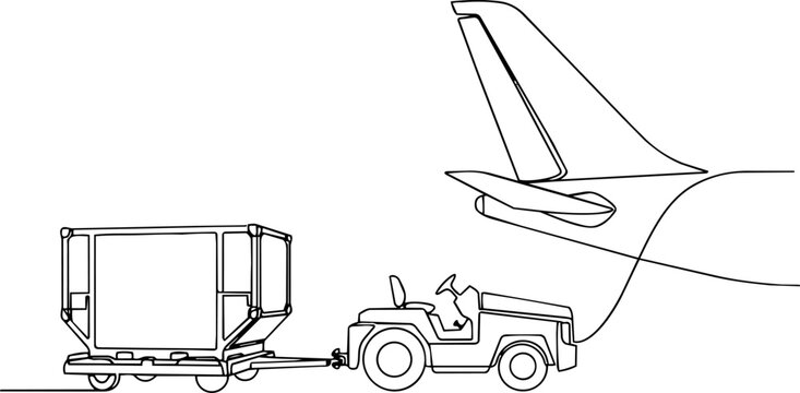 Continuous one line drawing of air cargo ULD container tug tractor and airplane tail, airport freight handling vector
