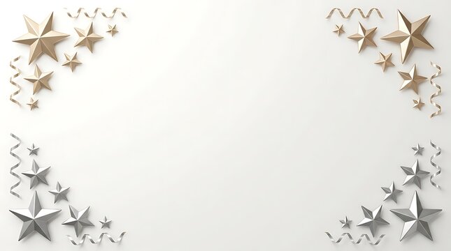A festive white background featuring decorative gold and silver star ornaments arranged in the four corners