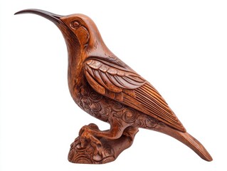 Fototapeta premium Intricately Carved Wooden Hummingbird Sculpture On A Branch Isolated Against Plain White Background