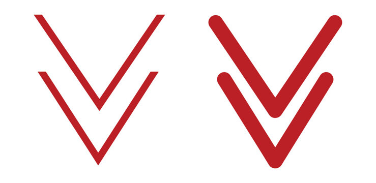 Two red downward pointing chevron arrow one with thin lines and the other with thicker lines, isolated on a white background