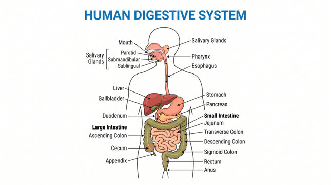 Human digestive system diagram with detailed gland labels