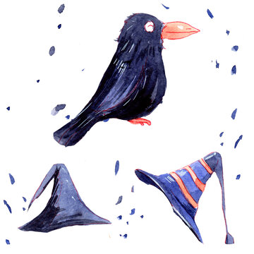 Watercolor Halloween illustration featuring a cute crow and two striped witch hats on a white background
