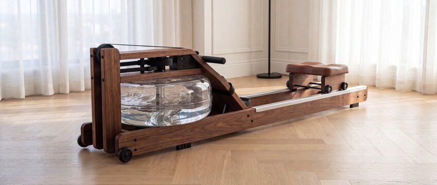 A wooden water rowing machine positioned on a light oak herringbone floor in a room with room sheer curtains machine clear tank craftsmanship contemporary conditioning resistance minimalist gym