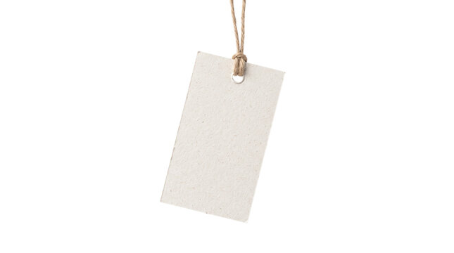 Blank recycled paper hang tag hanging by rustic brown jute twine