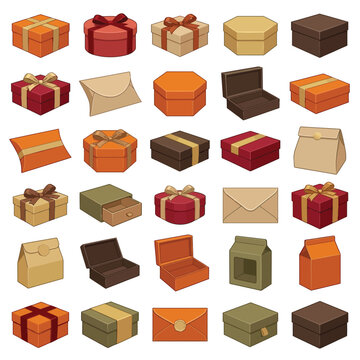 Versatile gift box vector collection, 30 isolated present boxes and packaging designs, brown and red holiday gift containers, elegant celebration and retail packaging assets