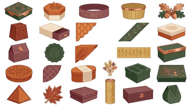 Autumnal gift box vector collection, decorative fall packaging design elements, elegant seasonal present containers, rustic harvest celebration graphics, 30+ editable vector assets.