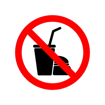 Prohibition sign indicating no drinking or eating at a workspace with black coffee cup and straw