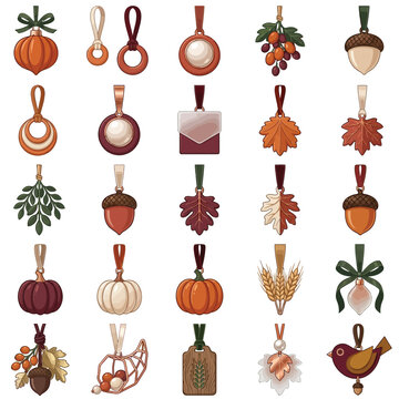 Autumnal charm collection, 25 fall-themed vector pendants and decorative tags, seasonal harvest and Thanksgiving design elements, natural organic illustrations for festive branding and decor