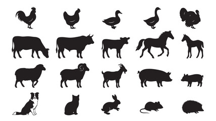 Fototapeta premium Farm animal silhouettes set, 20 black livestock and domestic pet icons, rustic countryside fauna vector collection for agriculture design