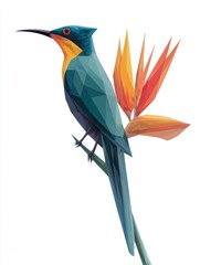 Fototapeta premium Low Poly Geometric Hummingbird Perched On A Strelitzia Bird Of Paradise Flower Isolated On White