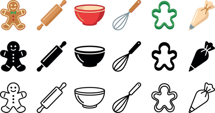 Christmas gingerbread baking icon vector set with rolling pin mixing bowl whisk cutter and pastry piping bag elements