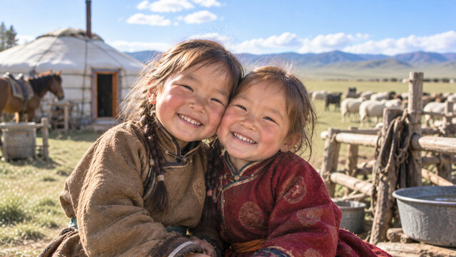 Smiling Mongolian Nomadic Children at Traditional Ger Camp