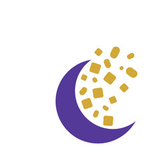 Purple crescent moon with scattered yellow squares and circles © sina