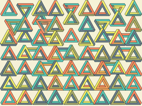 Vibrant retro impossible triangles pattern seamless geometric optical illusion vector design in pastel orange yellow teal and dark gray colors for trendy textile.