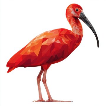 Low Poly Scarlet Ibis Bird Isolated On White Background With Geometric Shapes And Vibrant Red Hues