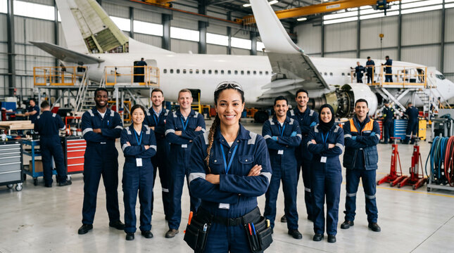 Aircraft maintenance engineer leads diverse aviation technical team in modern hangar, showcasing aircraft inspection, avionics, maintenance, engineering and aviation safety.