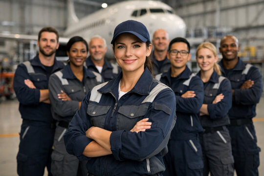 Aircraft maintenance engineer leads diverse aviation technical team in modern hangar, showcasing aircraft inspection, avionics, maintenance, engineering and aviation safety.