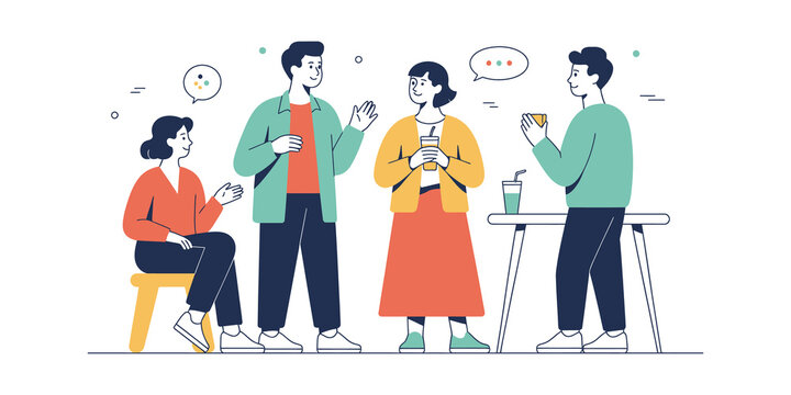 Group of diverse young people talking and drinking coffee together