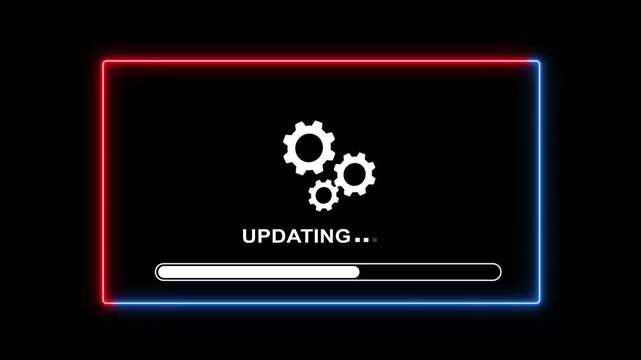 Neon updating progress bar animation with spinning gears and glowing red and blue borders on black background, for modern software, installation, system upgrade, and digital technology projects