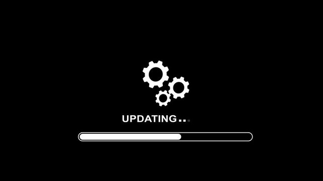 Animated system update progress bar with rotating gears and loading text on black background, for software installation, digital technology, and, processing concepts