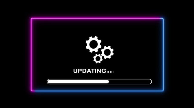 Neon glowing interface with updating status text progress bar and rotating mechanical gears animation on clean black background, for modern tech, software applications and, digital system upgrades