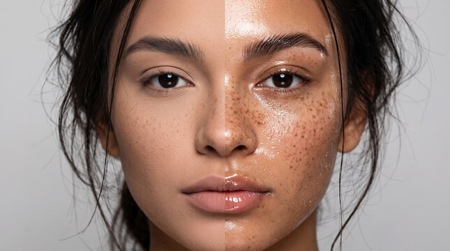 Split screen portrait comparing natural matte skin with oily glossy freckled face texture
