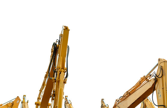 Yellow backhoe with hydraulic piston arm isolated on white. Heavy machine for excavation in construction site. Hydraulic machinery. Huge bulldozer. Heavy machine industry. Mechanical engineering.