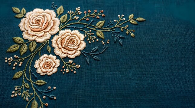 Beautiful Floral Embroidery Pattern on Dark Blue Linen Fabric Texture