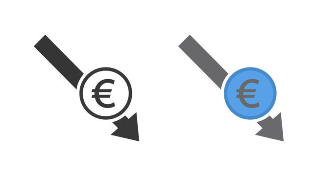 Minimalist vector graphic icons featuring downward euro currency arrows displayed in a clean simple style on white background