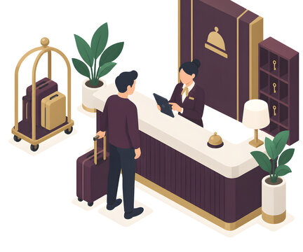 3D isometric illustration of hotel guest checking in at reception desk