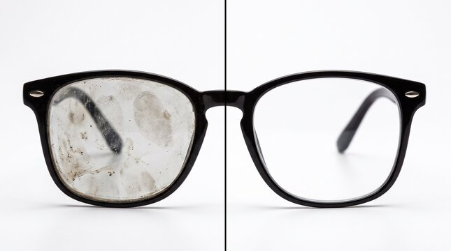 Comparison of dirty smudged eyeglasses and crystal clear clean eyeglasses