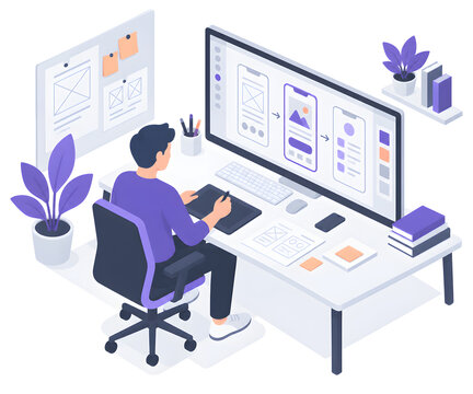 3D isometric illustration of UI UX designer creating mobile app interface on computer