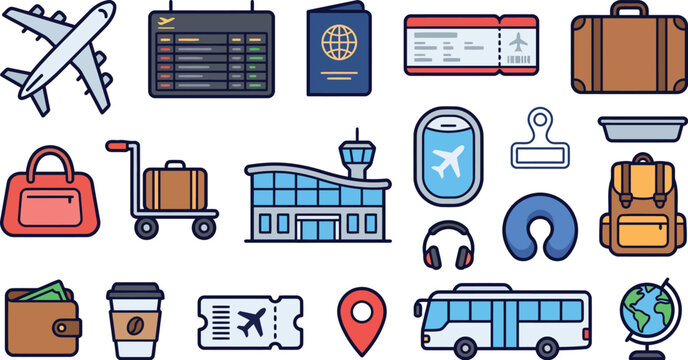 Airport Travel Airplane Suitcase Passport and Boarding Pass Sticker Bundle