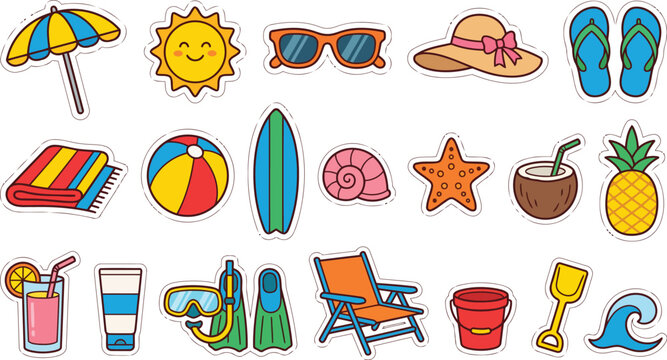 Tropical Vacation Travel Essentials Suitcase Beach and Summer Sticker Bundle Vector