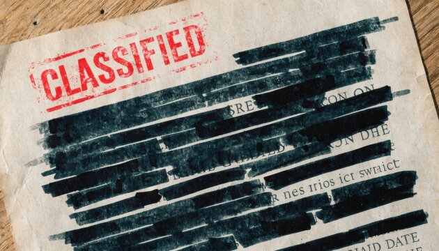 Classified document with red stamp and black redaction marks