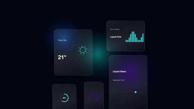 Abstract digital interface elements with glowing neon accents in dark space