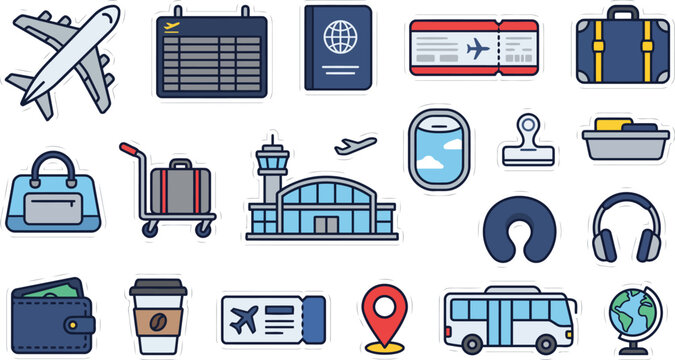 Airport Travel Airplane Suitcase Passport and Boarding Pass Sticker Bundle