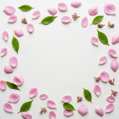 Fototapeta premium Overhead flat lay composition of pink flower petals and green leaves arranged in a circular frame border on a plain white background with central copy space for text.