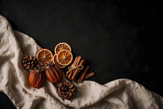 Dried citrus fruit and spice arrangement with pine cones and fabric