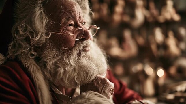 Christmas magic and holiday spirit Santa Claus looking thoughtful in his workshop cinematic portrait with warm lighting and soft bokeh background