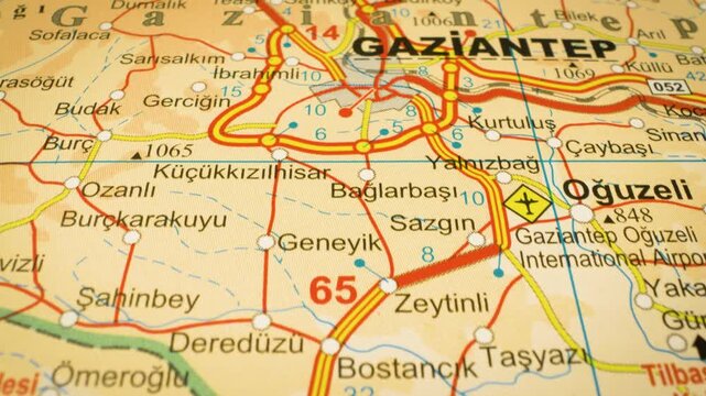 Road network leading to Gaziantep, Turkey &ndash; gliding view over an atlas map
