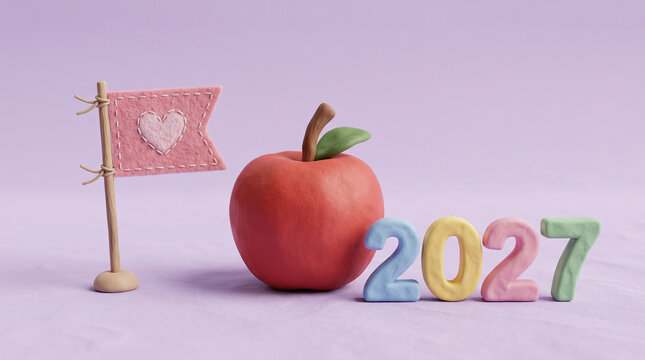 Red apple with a heart flag and 2027 numbers on a soft purple background