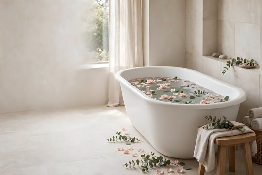 Soothing bathtub filled with water and flower petals with natural light