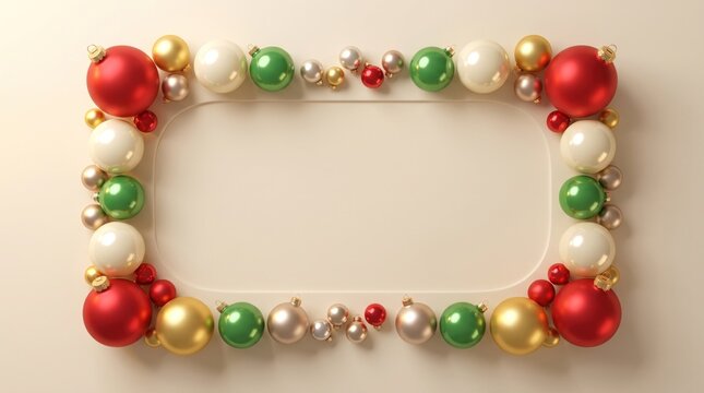 Festive christmas ornaments forming a rectangular frame on a neutral background