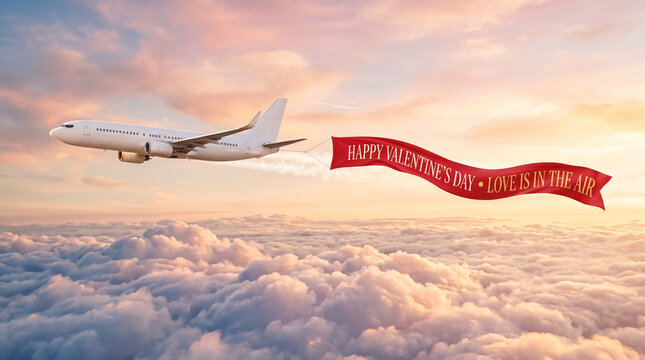 Airplane towing a red Valentine banner flying above clouds at sunset