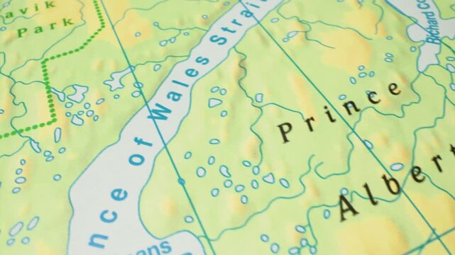 Gliding atlas map view  leading to Prince Albert Peninsula, Canada